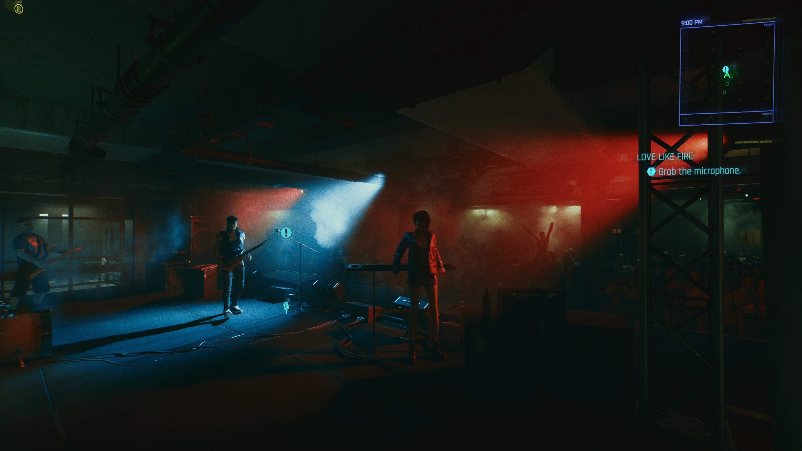 The cyan and red stage lights pierce the darkness of the club, provoking Johnny to start playing. He closes with the phrase "Tonight, I'm... I'm here to say goodbye to all of you.". Fittingly, this is the last major time we see Johnny's starved pallet.